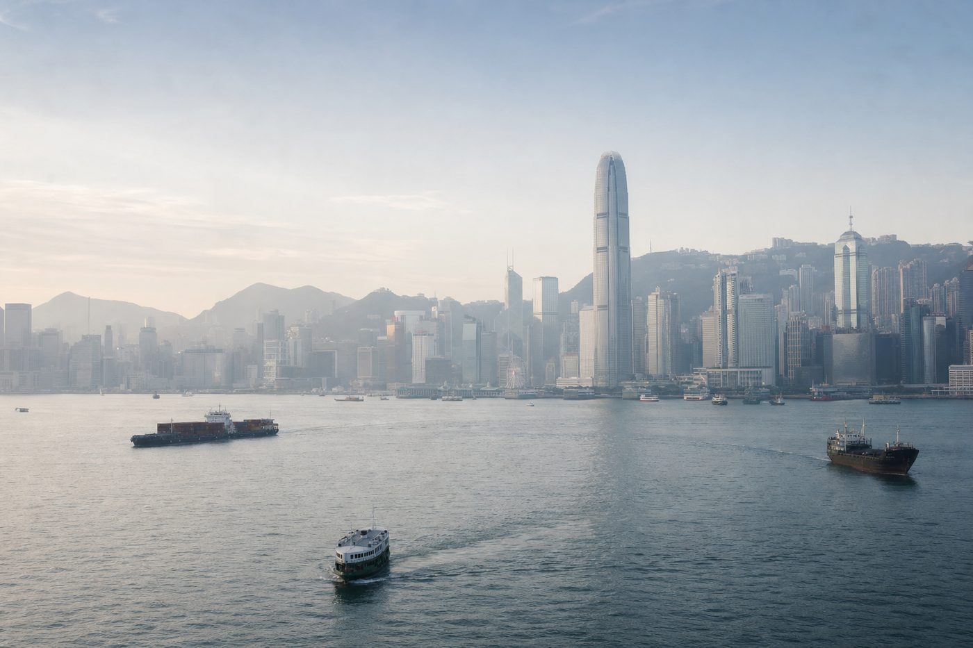 Victoria Harbour, Hong Kong, in early morning light with vessels crossing